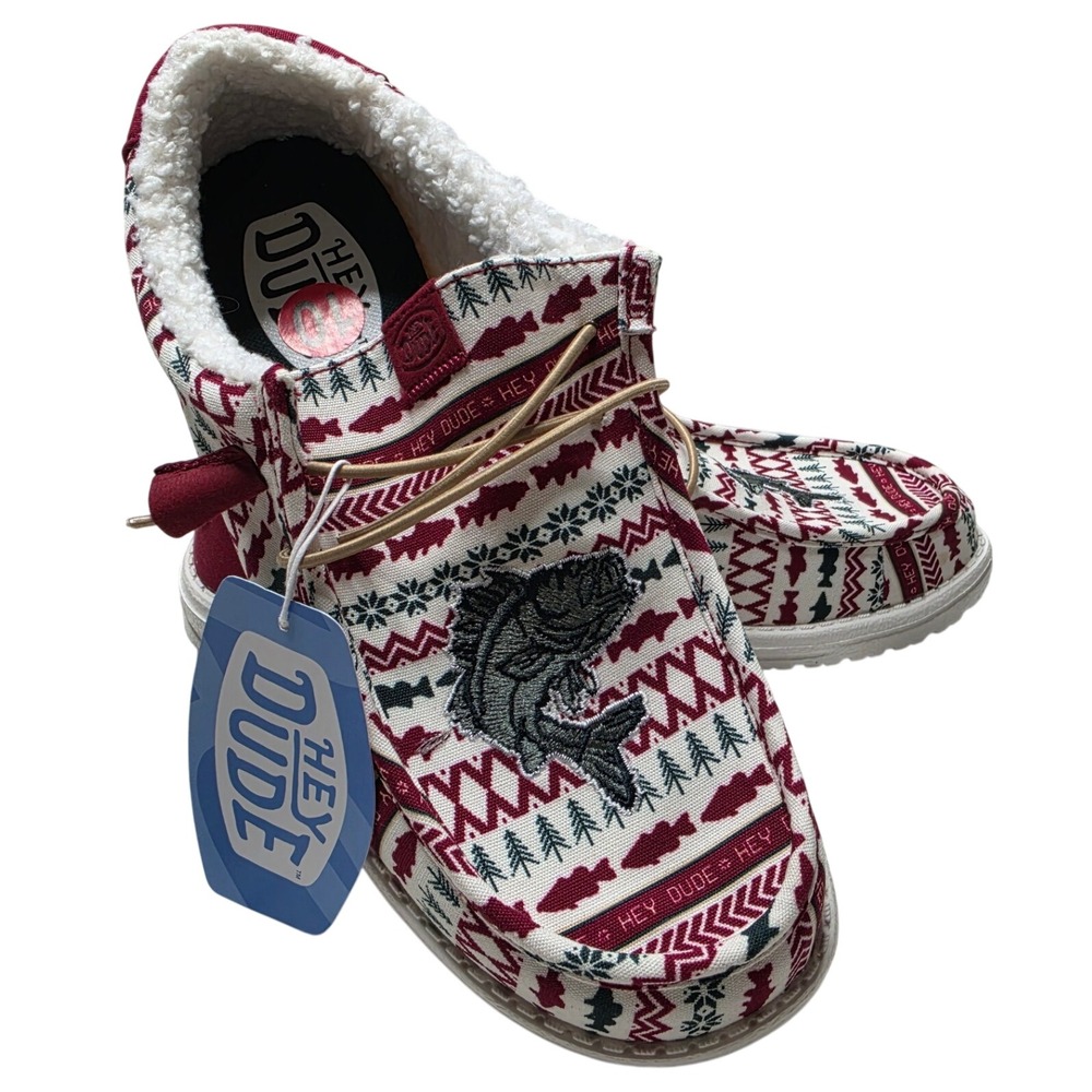 Hey Dude Wally Merry Fishmas Sweater Varsity Red Multi Loafers Mens 10 NEW